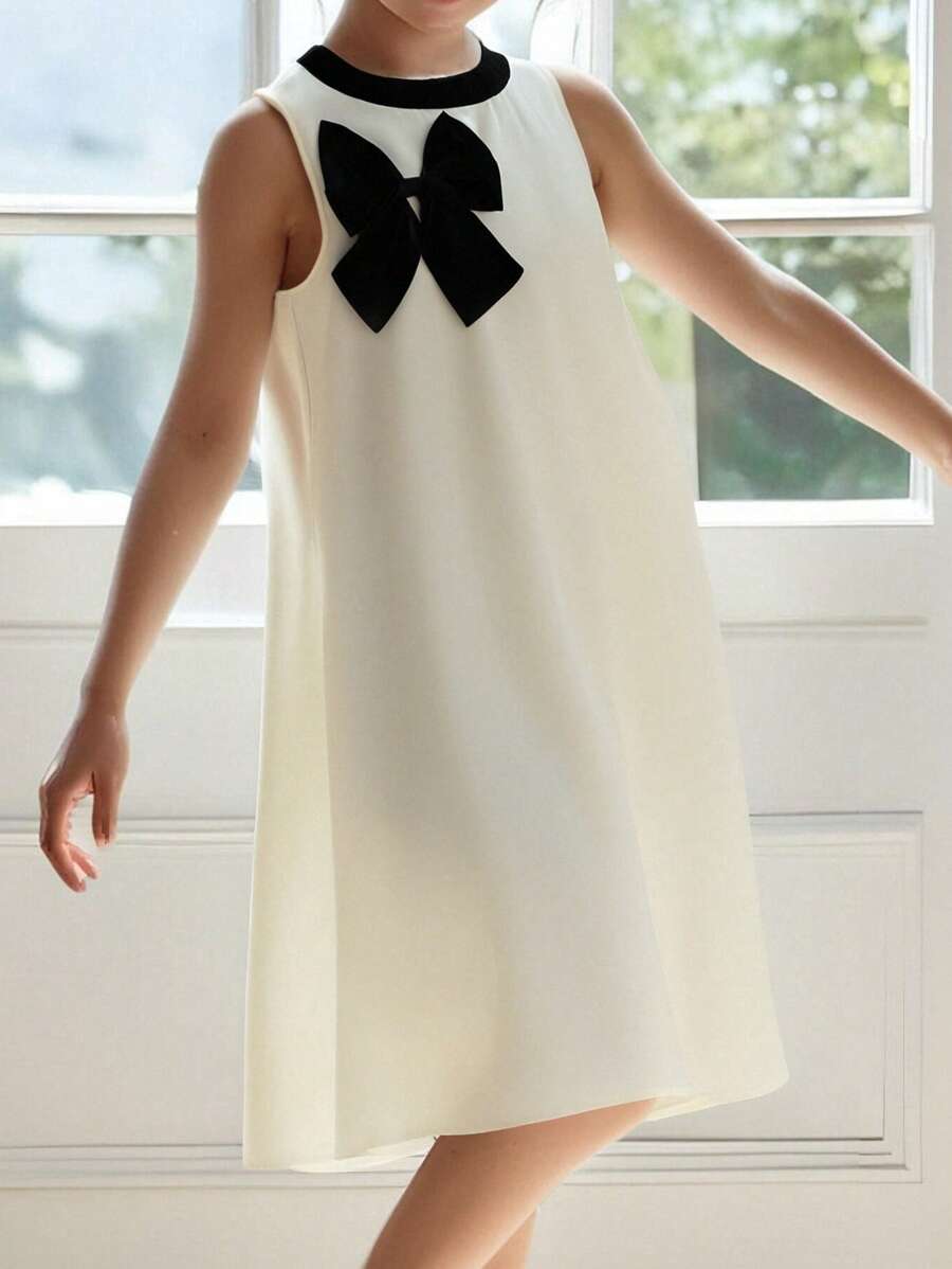 SHEIN Explorewe Teen Girl Sleeveless Solid Color Dress With 3D Bow Decor, Casual Ladylike Style, Comfortable For Daily, Summer, And Elegant For Weddings & Wedding Guests - Apricot - View 1