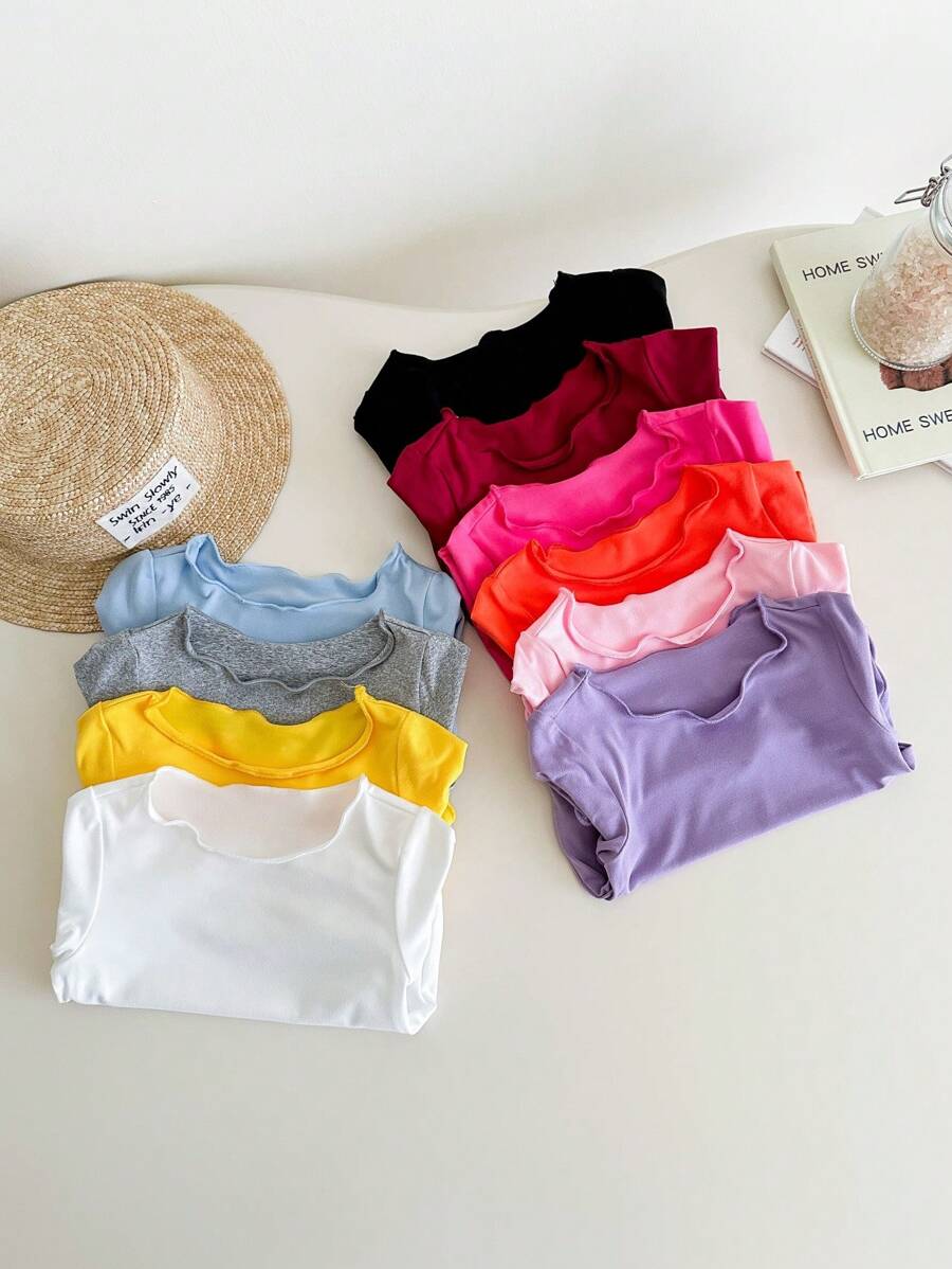 10pcs/Set Baby Girls Cute Solid Color Knitted Short Sleeve Tops, Buy One Get Nine Free, Summer - Pink - View 1