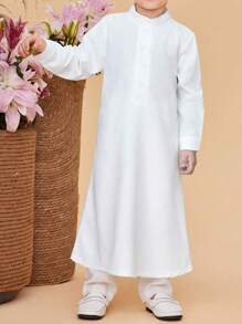 2pcs Set Teen Boys Golden Embroidery Splice Blue Chiffon Long Robe, Drop Shoulder Long Outerwear, White Stand Collar Long Sleeve Long Robe, Robe Set - Multicolor - View 3