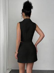 SHEIN Unity 2 Pieces Set: Solid Color Shirt Collar Single-Breasted Vest And Mini Skirt - Black - View 2