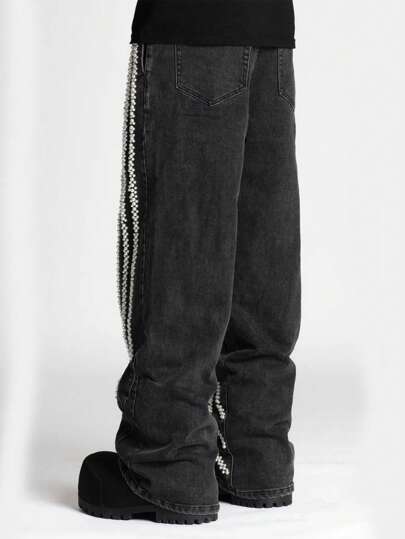 Street Life Men's Avant Loose Fit Faux Pearl Decor Wide Leg Casual Jeans
