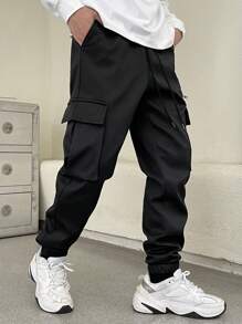 Manfinity EZcore Men Drawstring Letter Print Pocket Casual Pants, Plain Vacation Baggy Cargo Pants, For Husband, Boyfriend Gifts