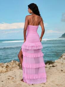 Opulessa Đầm bodycon xếp nếp đan nhiều tầng màu trơn cho nữ - Hồng - Xem 2