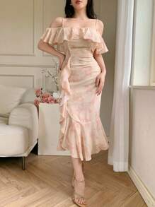 DAZY Plus Size Women's Asymmetric Ruffle Trim Slip Dress Floral,Milkmaid Dress - Pink - View 5