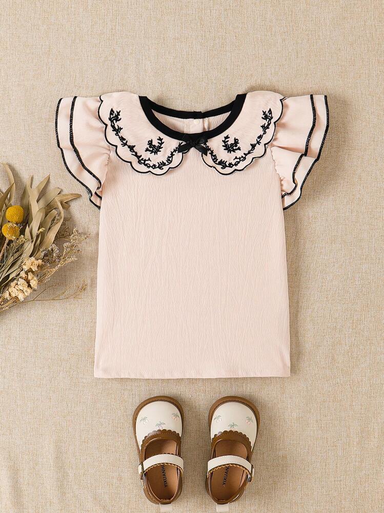 SHEIN 女宝宝夏季新款刺绣荷叶边领衬衫，款式2025春夏百搭甜美时尚法式休闲短袖衬衫 - 杏色 - 查看 3