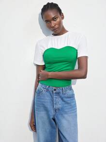 Maija Women's Green & White Color Block Modern Casual Crewneck Fitted Ruched Details Short Sleeve T-Shirt, Versatile Everyday Wear,Fall Women Clothes,European Summer