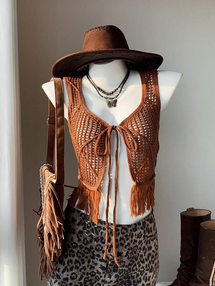 Comfortcana 女式西式纯色镂空流苏下摆前系带针织背心