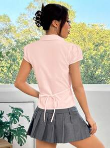 SHEIN EZwear Áo sơ mi tay ngắn bó sát ngực xếp nếp màu hồng - Màu Hồng baby - Xem 2