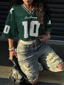 Muchica 女士短款绿色缎面撞色网眼数字印花 T 恤，Rave 上衣 - 墨綠色 - 查看 5