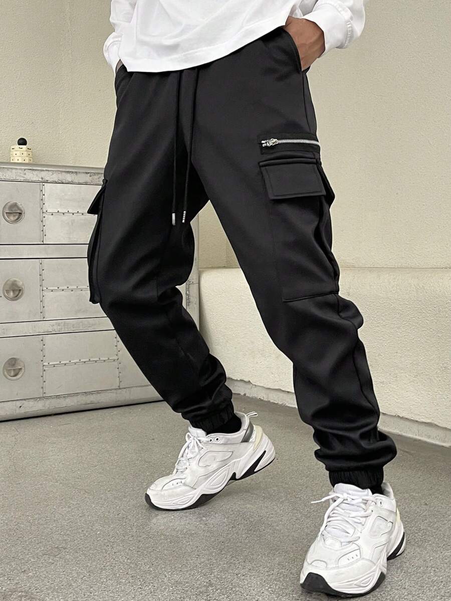 Manfinity EZcore Men Drawstring Letter Print Pocket Casual Pants, Plain Vacation Baggy Cargo Pants, For Husband, Boyfriend Gifts