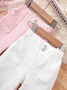 SHEIN Bộ 2 món quần jeans ống đứng rộng màu trắng và hồng cho bé gái, thích hợp mặc đi nghỉ mát mùa xuân hè, phong cách đồng quê boho, đi biển cho bé, phong cách đường phố miền Tây cho bé gái, kỳ nghỉ xuân, quần jeans denim dự tiệc rave - Nhiều màu - Xem 5
