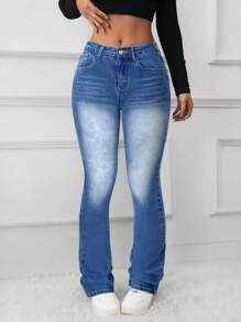 SHEIN Tall Women's Low Waist Stretchy Denim Flare Jeans, Blue