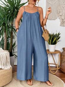 SHEIN CURVE+ Plus Size Pleat Textured Casual Loose Jumpsuit