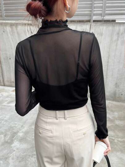 FRIFUL 女式纯色立领修身网眼上衣透明长袖女式立领上衣