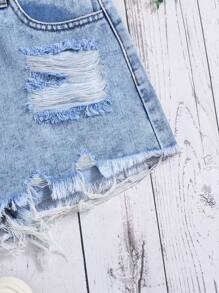 SHEIN 青少年女孩休闲口袋破洞下摆牛仔短裤 - 中等水洗藍 - 查看 4