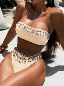 Swim SXY Women 2 Pieces Starfish Hollow Back Cross-Tied Bandeau Bikini Set For Summer Beach Vacation - Apricot - View 1