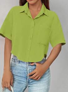 SHEIN LUNE Áo cánh tay ngắn đơn giản cho mùa xuân/hè - màu xanh lá - Xem 5