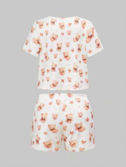 Kawaii Conjunto de pijama de shorts y manga corta talla grande con estampado de oso y moño estilo Kawaii