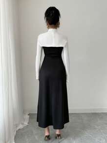 Elenzga 女士春夏优雅针织领披肩外套，黑白撞色，露肩镂空设计，A 字裙，适合约会、派对、婚礼、斋月、度假、音乐节