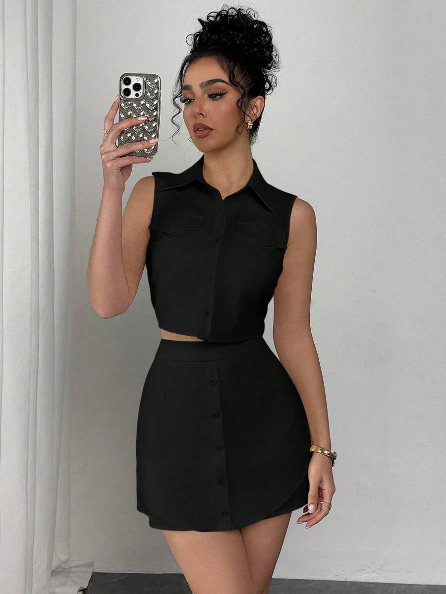 SHEIN Unity 2 Pieces Set: Solid Color Shirt Collar Single-Breasted Vest And Mini Skirt - Black - View 1