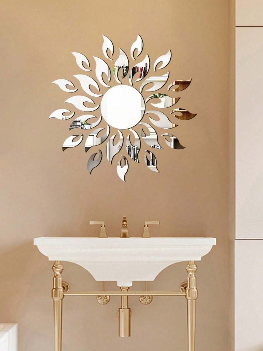 SHEIN 1 set Adhesivo de pared con espejo con diseño de sol, espejo decorativo autoadhesivo para decoración del hogar, decoración de pared, decoración de habitación, espejo de pared, espejo para habitación, decoración de baño, decoración de sala de estar - Plateado - Ver 1