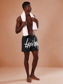 SUMWON Premium Athletic Swim Trunks With Urban Graffiti Logo Design, Beach Vacation Swimming Board Shorts, Summer Water Sports Surf Wear, Pool Party Essential - Black - View 2