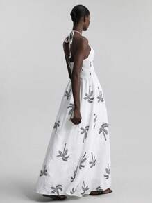 Ontre 2025 New Women Summer Dress, Halter Sleeveless Vacation Style Casual Ruffle Embroidery Fabric Swing Dress, Women Oversized Long Dress, Leisure