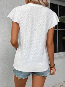 SHEIN LUNE Women's Casual Solid Color Textured Notch Neck T-Shirt - White - View 2