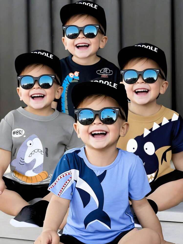 SHEIN 4pcs/Set Cute Cartoon Animal Print Round Neck Short Sleeve T-Shirts For Young Boy, Soft Fabric Suitable For Street, School, Outdoor Play In Spring & Summer, Getaway, Holiday, Travel, Relax, Sunbathing - Multicolor - View 3