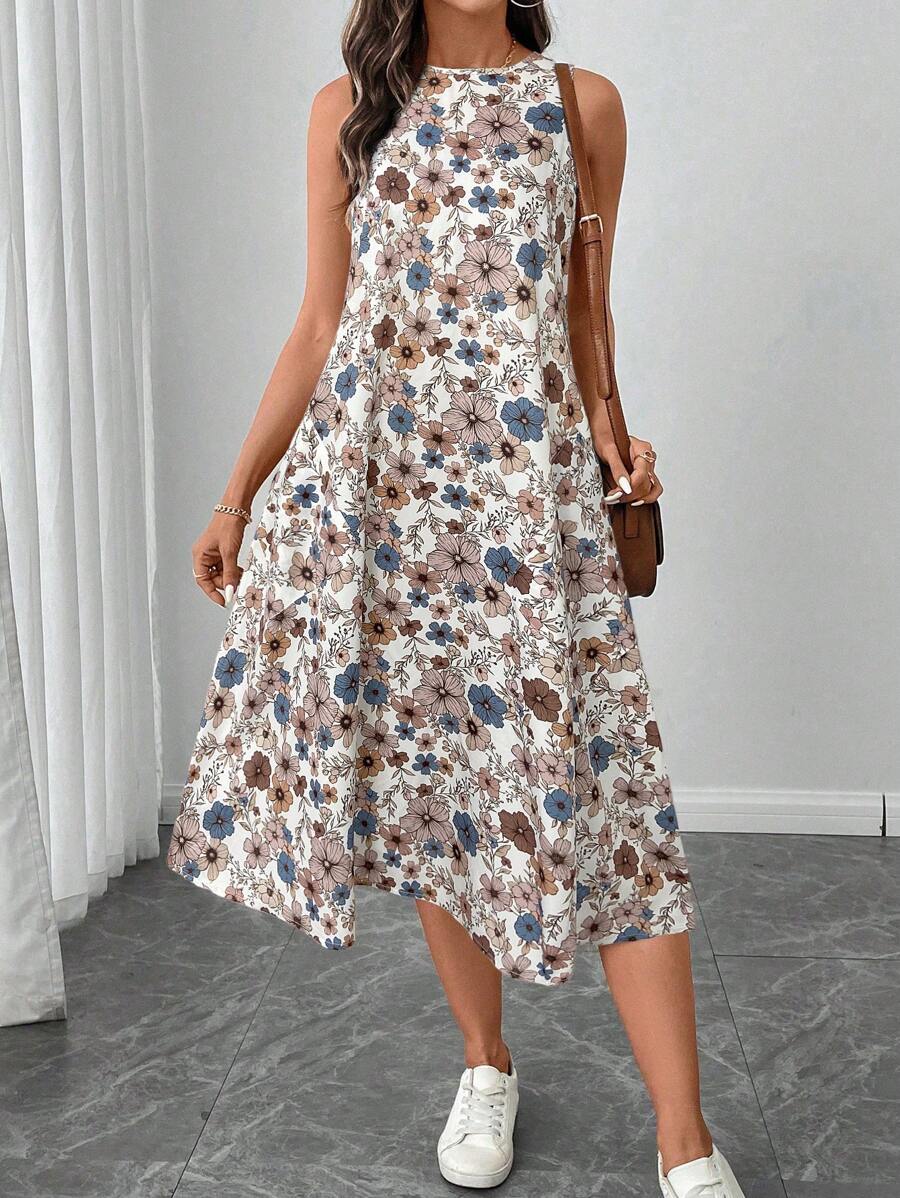 SHEIN LUNE 女士夏季春季新款休闲假日复古花卉 A 字型无袖办公室连衣裙、教师工作中长连衣裙、茶会连衣裙、早午餐 - 白色 - 查看 1