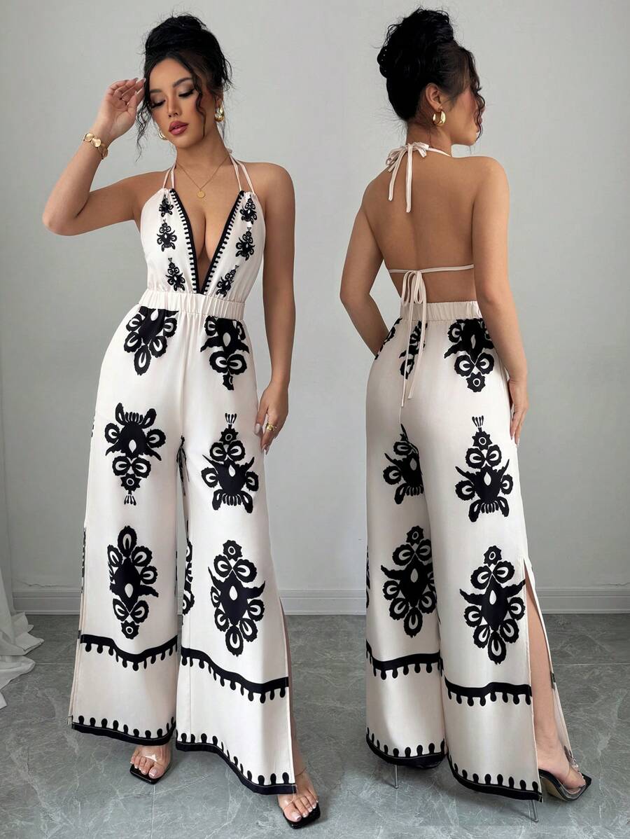 Chiquease Fashion European & American Style Sexy Backless High Waist Printed Jumpsuit Pants For Women - Multicolor - View 1