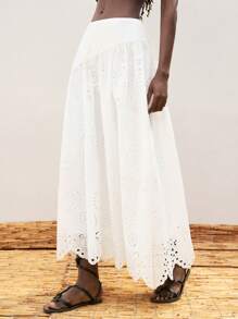 Maija 2025夏季新款刺绣镂空拼接A字裙，白色度假波西米亚风裙子，适合休闲、派对、婚礼、海滩、音乐节、毕业、度假 - 白色 - 查看 3