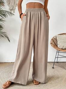 Chiquease Women's French Minimalist Solid Color Woven Loose Elastic Waist Pocket Pants, New Summer Style - Brown - View 1