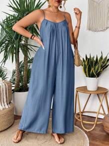 SHEIN CURVE+ Plus Size Pleat Textured Casual Loose Jumpsuit