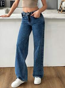 EURMUSE HIGH WAIST STRAIGHT JEAN CASUAL STYLE - Medium Wash - View 4