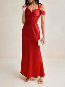BY TENAJ ROLLE فستان ماكسي أنيق ذو كتف منكشف وياقة متصلة حول العنق من الساتان الأحمر ، فستان صيفي مرن وأنيق مناسب للسهرة - الأحمر - مشاهدة 3
