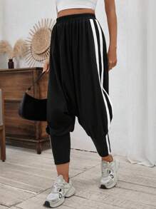 SHEIN LUNE 女士时尚休闲黑白拼布长裤 - 黑色 - 查看 6