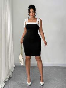 Elenzga Plus Size Women Elegant Knitted Sleeveless Black & White Color Block Bowknot Shoulder Strap Fitted Bodycon Dress - Black and White - View 5