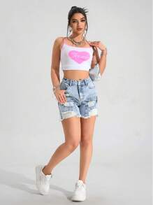 SHEIN EZwear Dames Casual Versleten Gerafelde Zoomzakken Denim Shorts