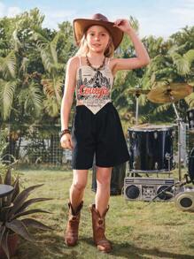 2025 Spring/Summer New Collection Casual & Comfortable Asymmetrical Hem Western Printed Camisole Top Paired With Black A-Line Pants, Tween Girl 2 Pieces Set, Suitable For Daily Wear, Outings, And Family Gatherings