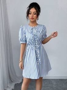 Elenzga 女士优雅百搭约会/派对系带荷叶边泡泡袖修身条纹迷你连衣裙，波西米亚风，音乐节，春/夏 - 藍白色 - 查看 5