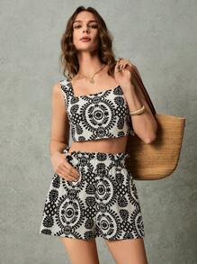 Poéselle 舒适质感，休闲印花短款背心和短裤两件套，夏季度假，波西米亚风