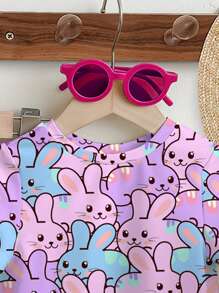 SHEIN Cute Rabbit Print Casual 2Pcs Set, Includes Round Neck Short Sleeve Top & Flare Pants For Young Girls, Suitable For Summer