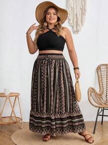 SHEIN CURVE+ Jupe évasée A-Line avec patchwork rayé à nouer à la taille, convient pour les vacances d'été à la plage en mode bohème
