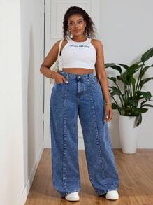 SHEIN EZwear Jeans de novia casual de talla grande con botones delanteros y bolsillos