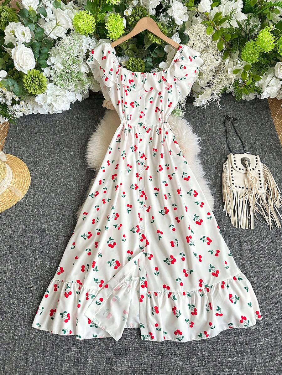 INAWLY Fashionable Square Neck Cap Sleeve Ruched Waist Cherry Print Mini Dress - White - View 1