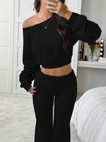 SHEIN EZwear 2pcs/Set Women's Black Asymmetrical Shoulder Sweatshirt & Flared Sweatpants - Black - View 6