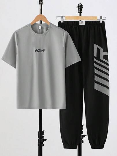 SHEIN 2 件套青少年男童休闲字母印花圆领套头衫套装，适合夏季、运动、跑步、户外