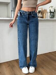 EURMUSE HIGH WAIST STRAIGHT JEAN CASUAL STYLE - Medium Wash - View 1