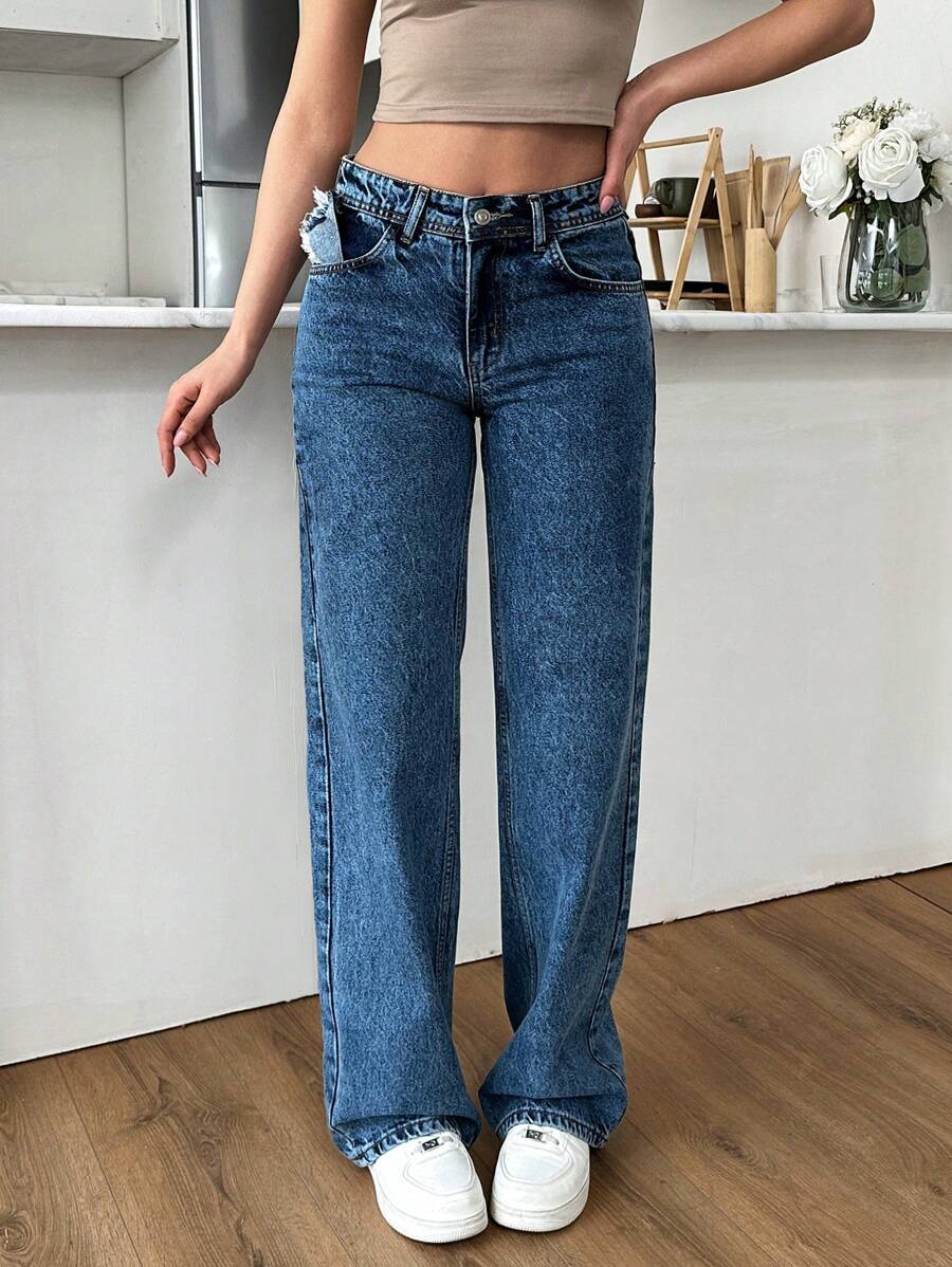 EURMUSE HIGH WAIST STRAIGHT JEAN CASUAL STYLE - Medium Wash - View 1